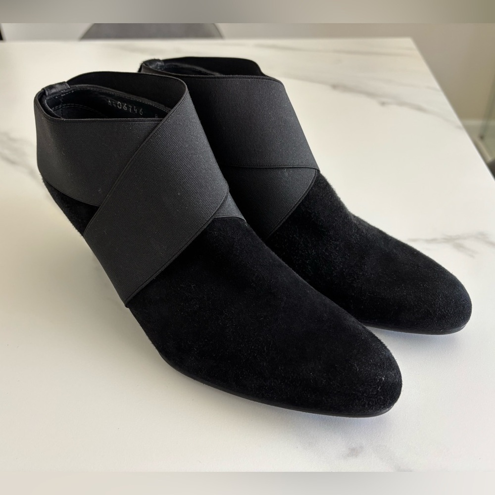 Stuart Weitzman black suede wedge booties with elastic straps size 8 - Picture 1 of 12